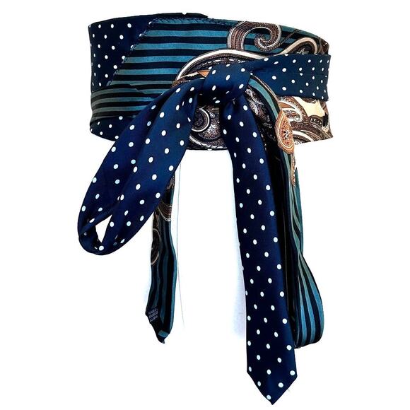 Unique Blue Satin Obi Belt Wide One Size Upcycle Necktie Peacock One of a Kind - Picture 1 of 5